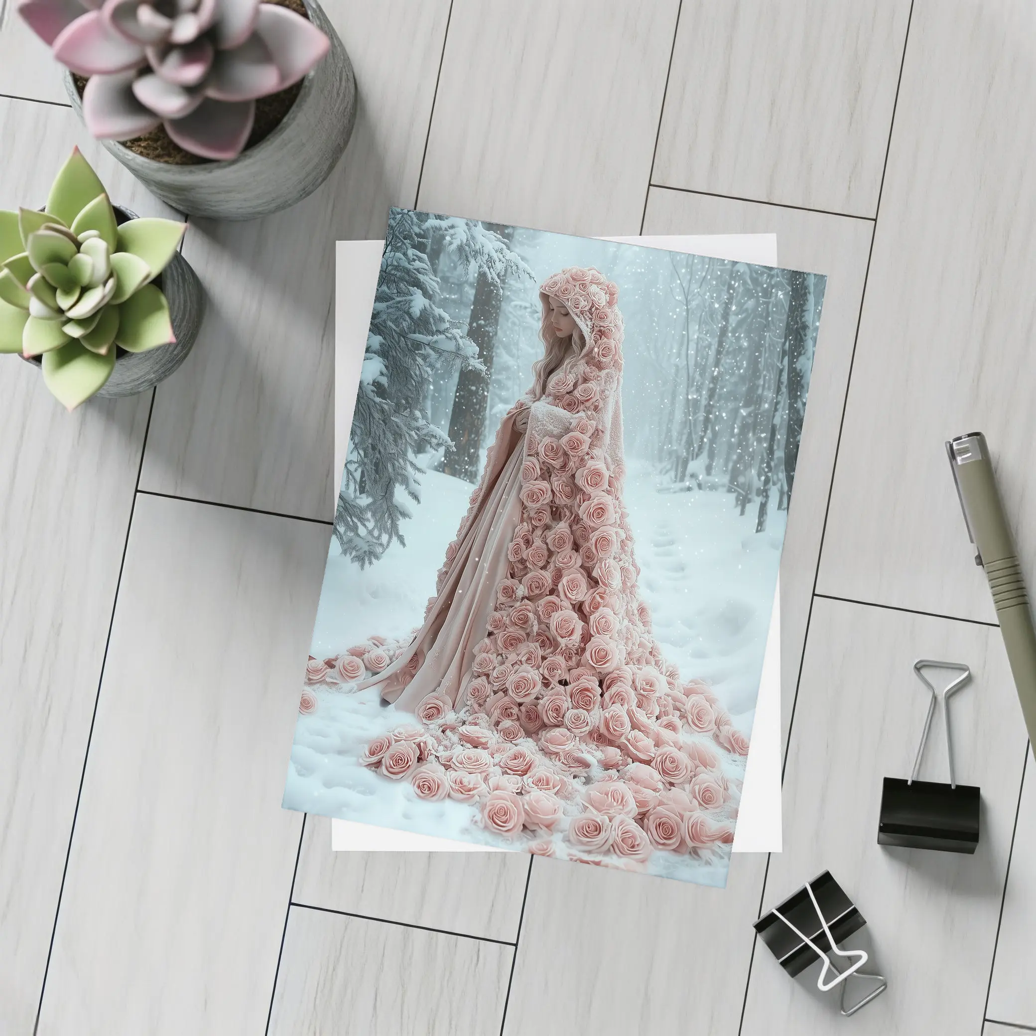 Woman Rose Cloak Snow Winter Forest – Postcards