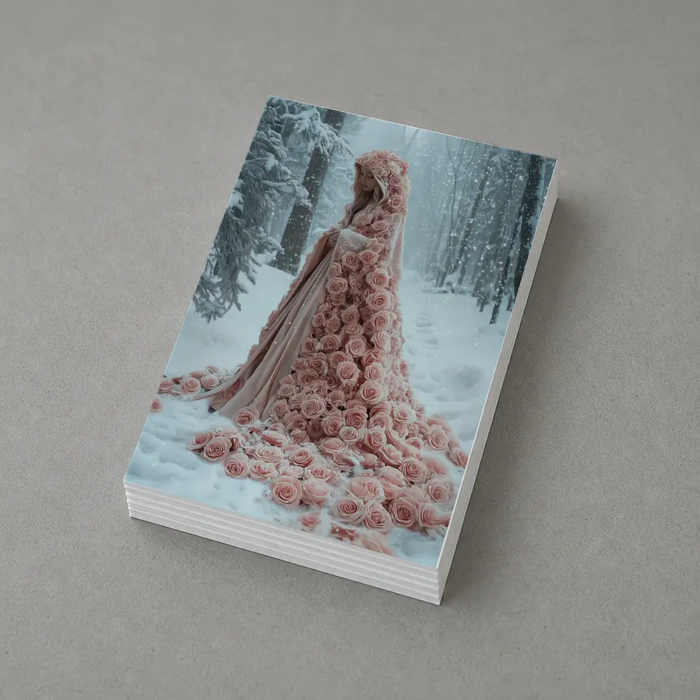 Woman Rose Cloak Snow Winter Forest – Postcards
