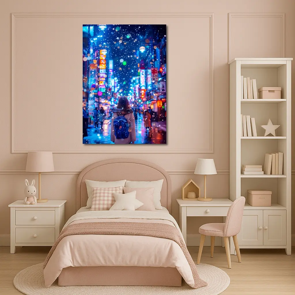 Girl Walking Snowy Tokyo Neon Night Street – Wall Art