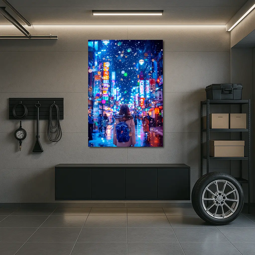 Girl Walking Snowy Tokyo Neon Night Street – Wall Art