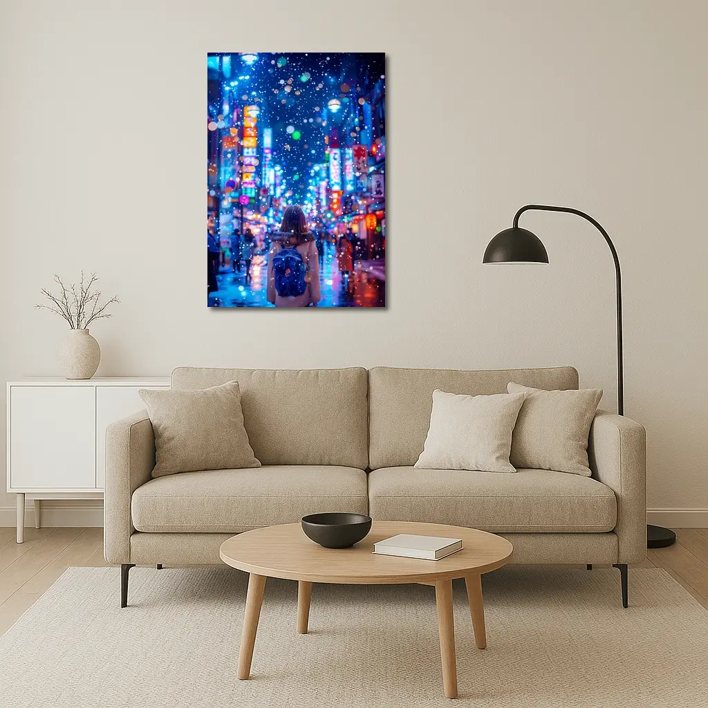 Girl Walking Snowy Tokyo Neon Night Street – Wall Art