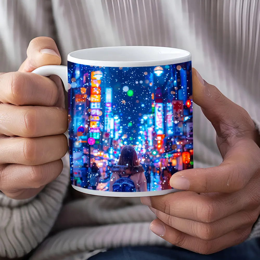Girl Walking Snowy Tokyo Neon Night Street – Mugs
