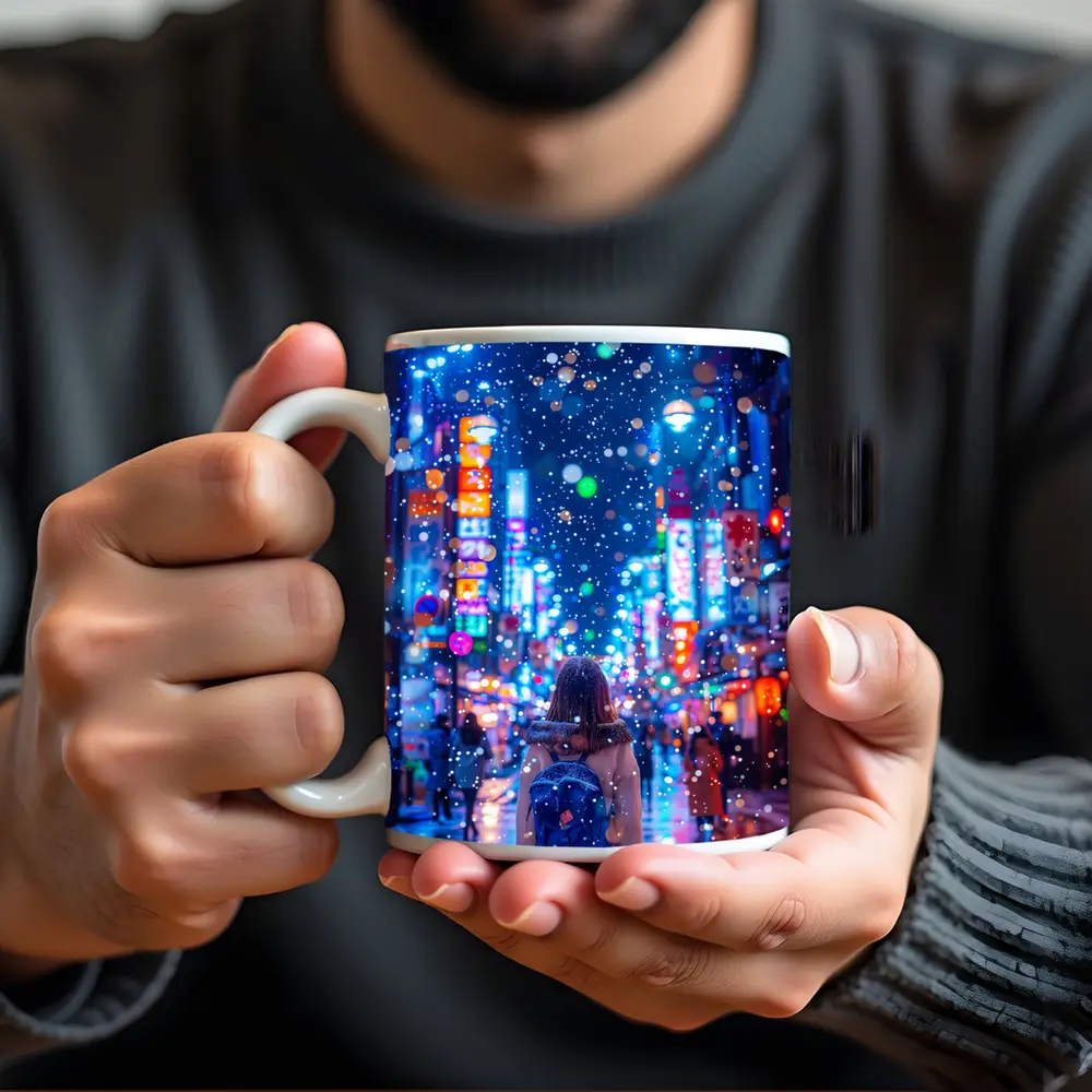 Girl Walking Snowy Tokyo Neon Night Street – Mugs