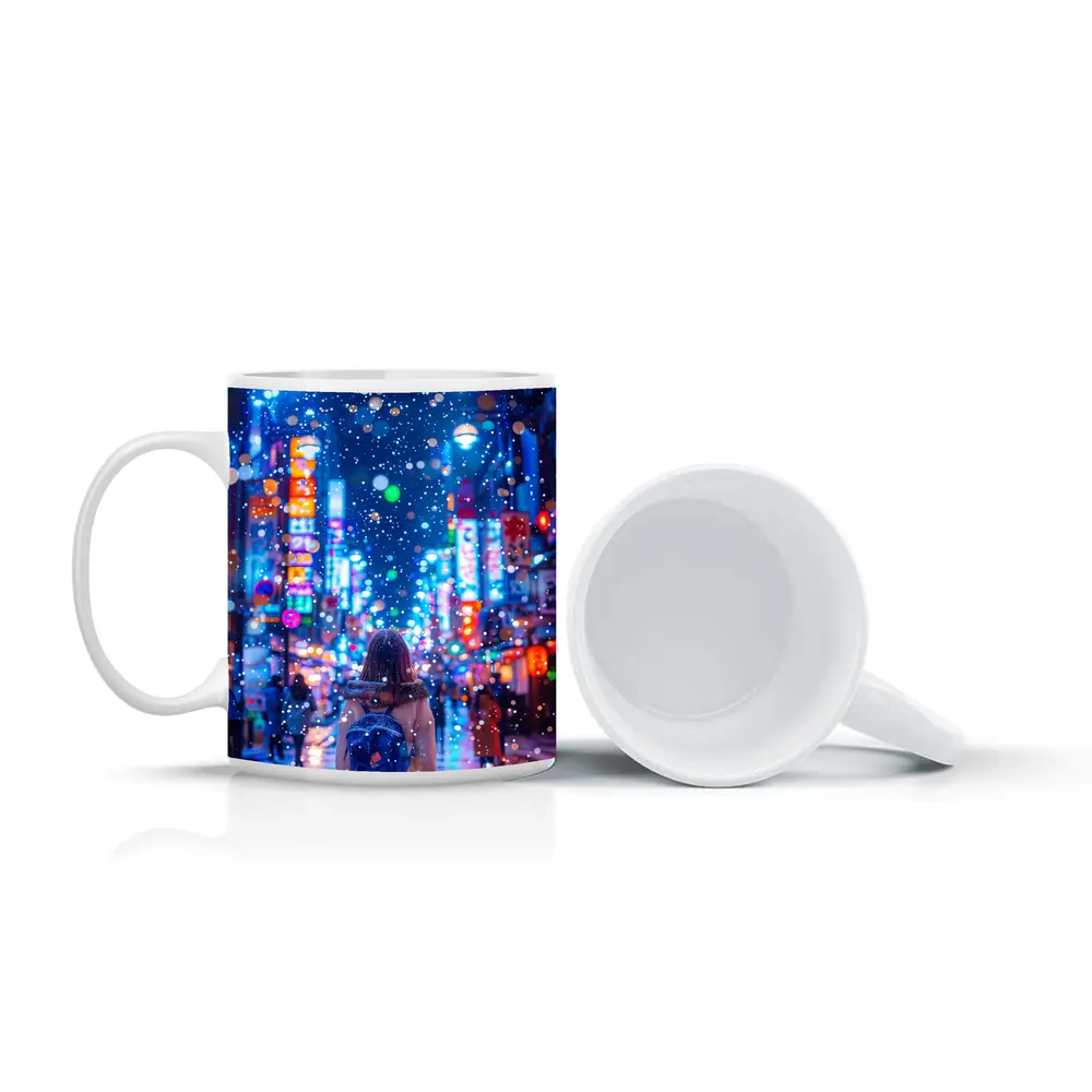 Girl Walking Snowy Tokyo Neon Night Street – Mugs