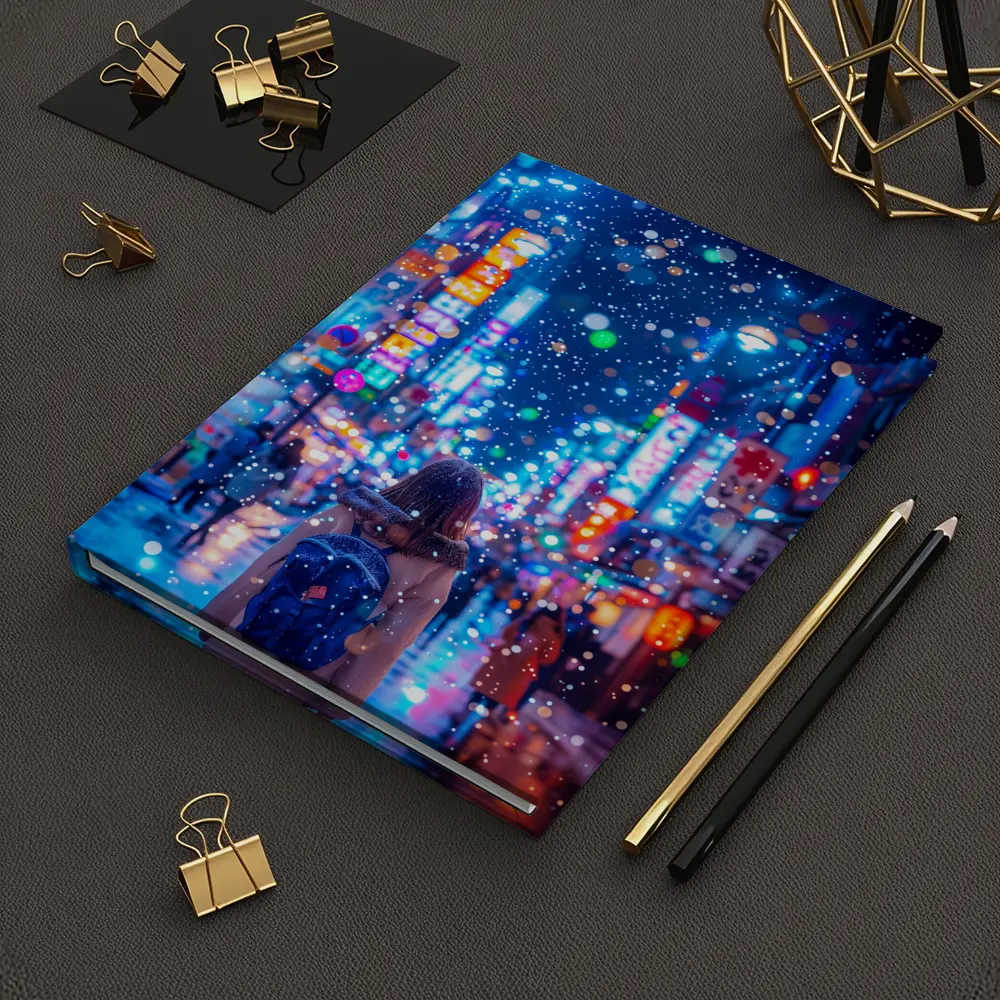 Girl Walking Snowy Tokyo Neon Night Street – Notebooks