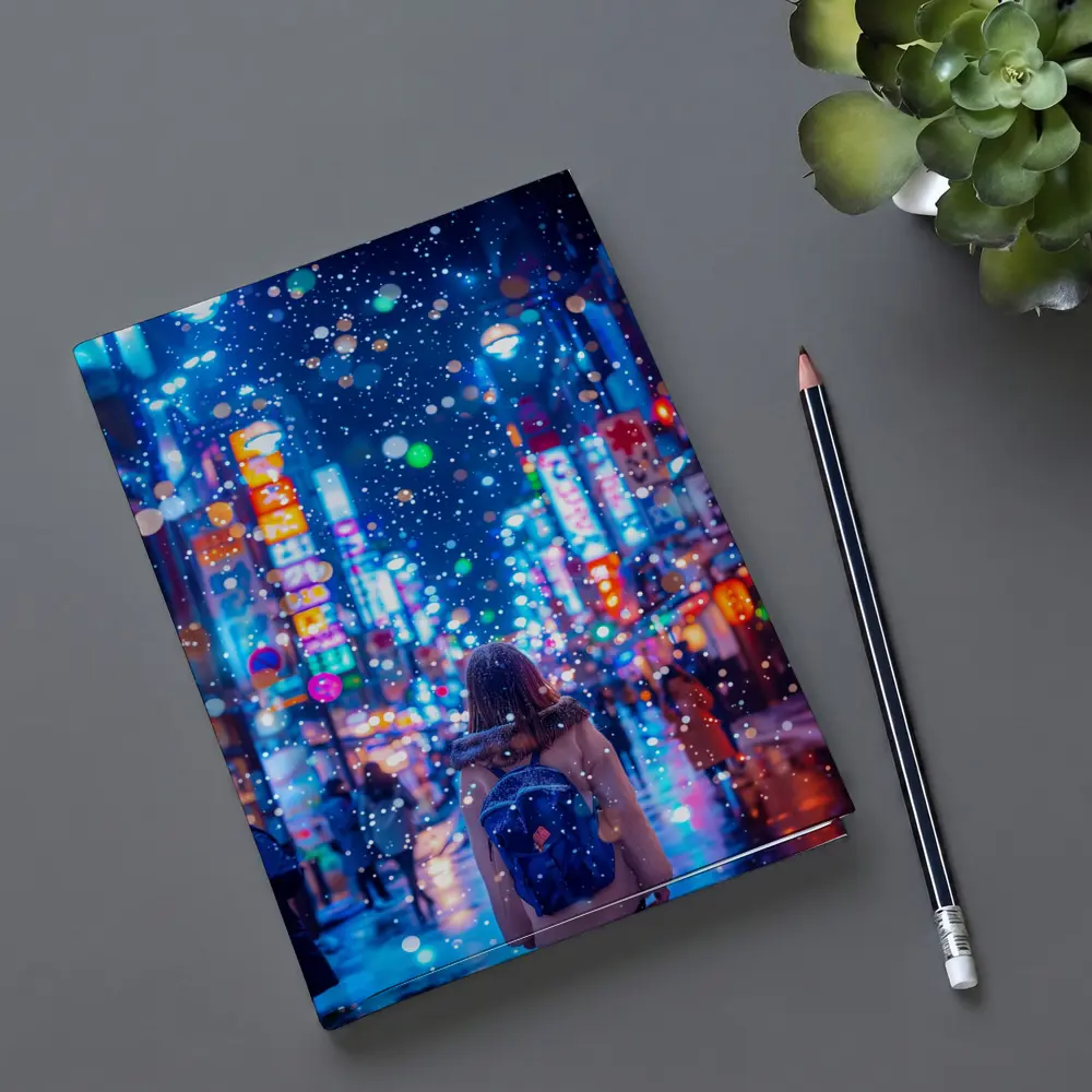 Girl Walking Snowy Tokyo Neon Night Street – Notebooks