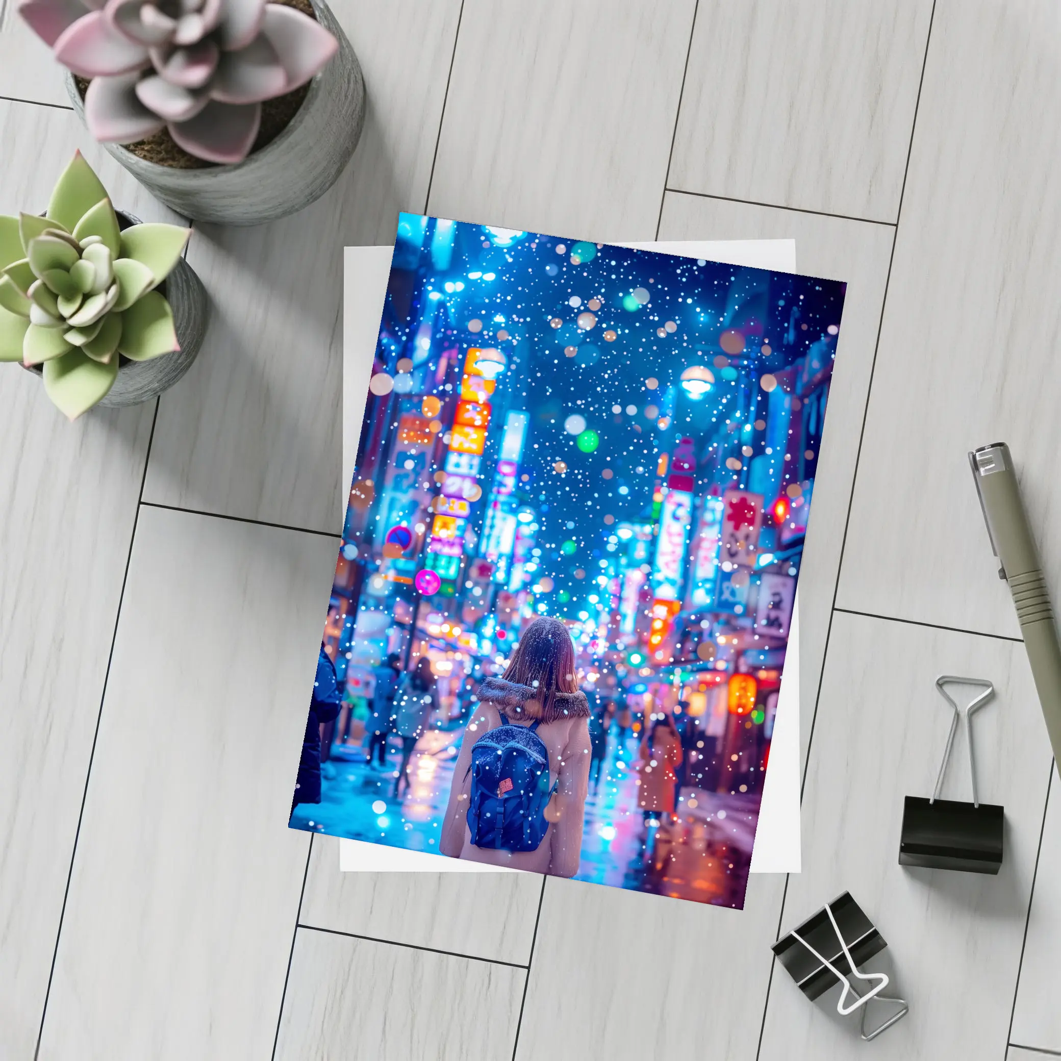 Girl Walking Snowy Tokyo Neon Night Street – Postcards