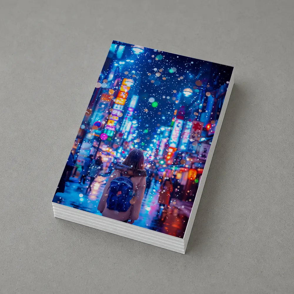 Girl Walking Snowy Tokyo Neon Night Street – Postcards