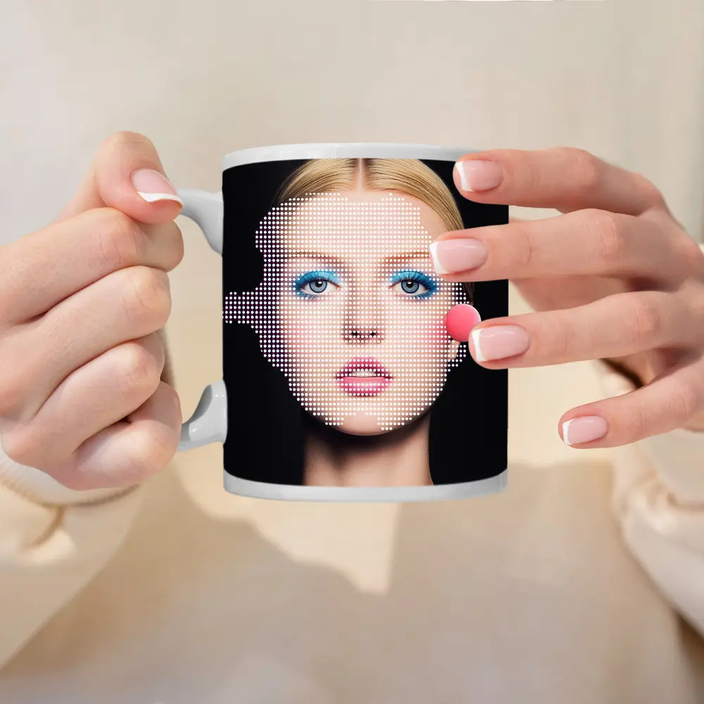 Pop Art Woman Face Blue Makeup Black – Mugs