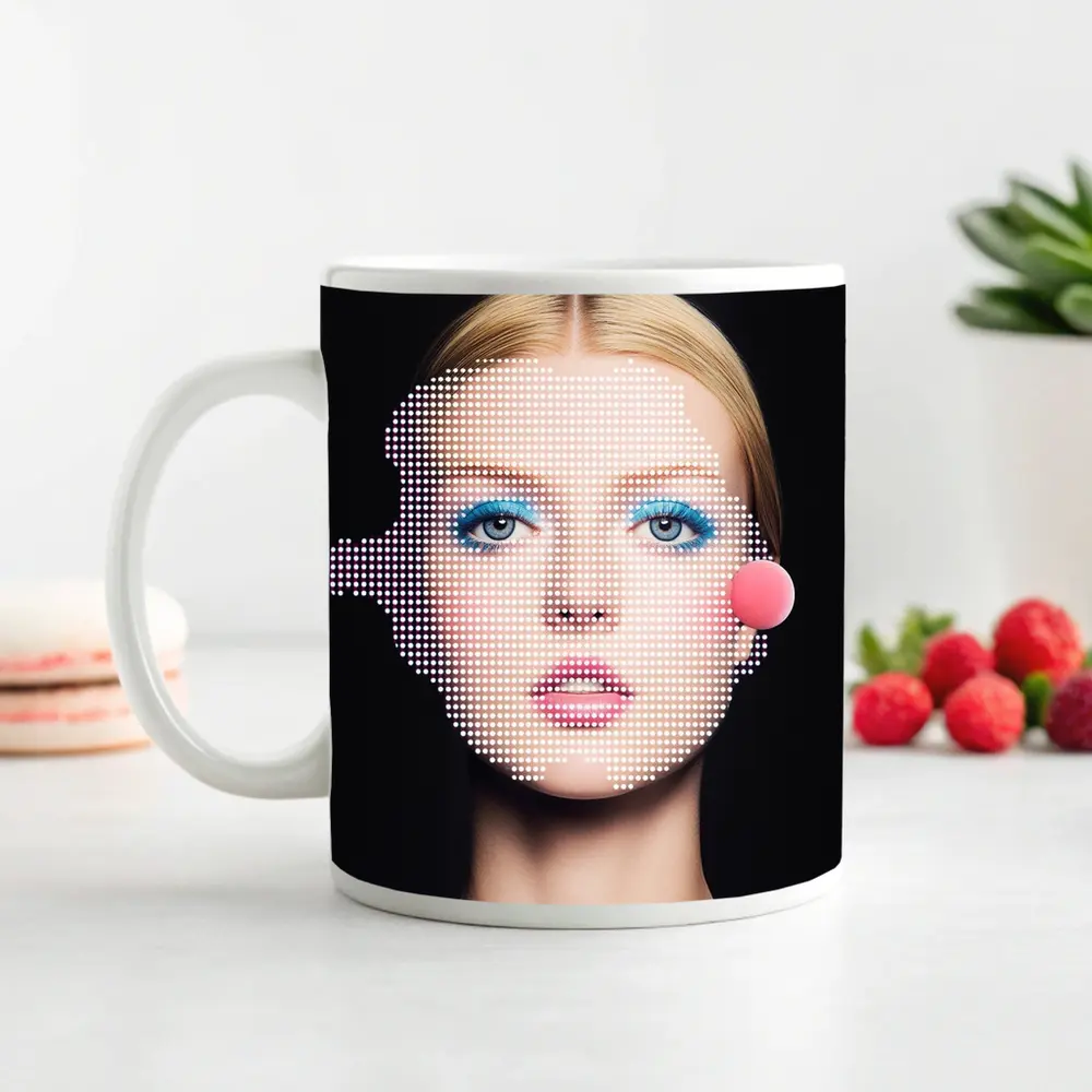 Pop Art Woman Face Blue Makeup Black – Mugs