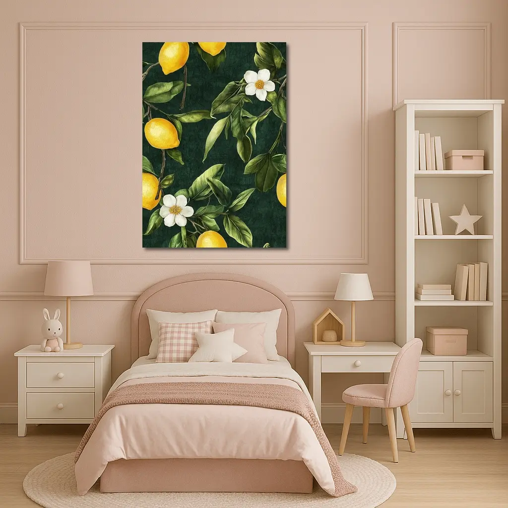 Lemon Branches White Flowers Dark Green – Wall Art