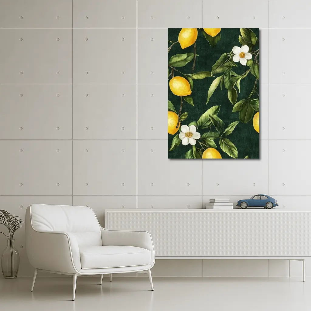 Lemon Branches White Flowers Dark Green – Wall Art