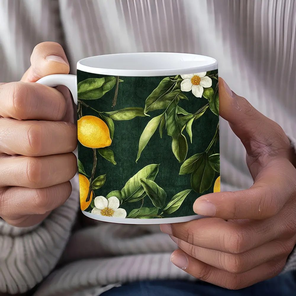 Lemon Branches White Flowers Dark Green – Mugs