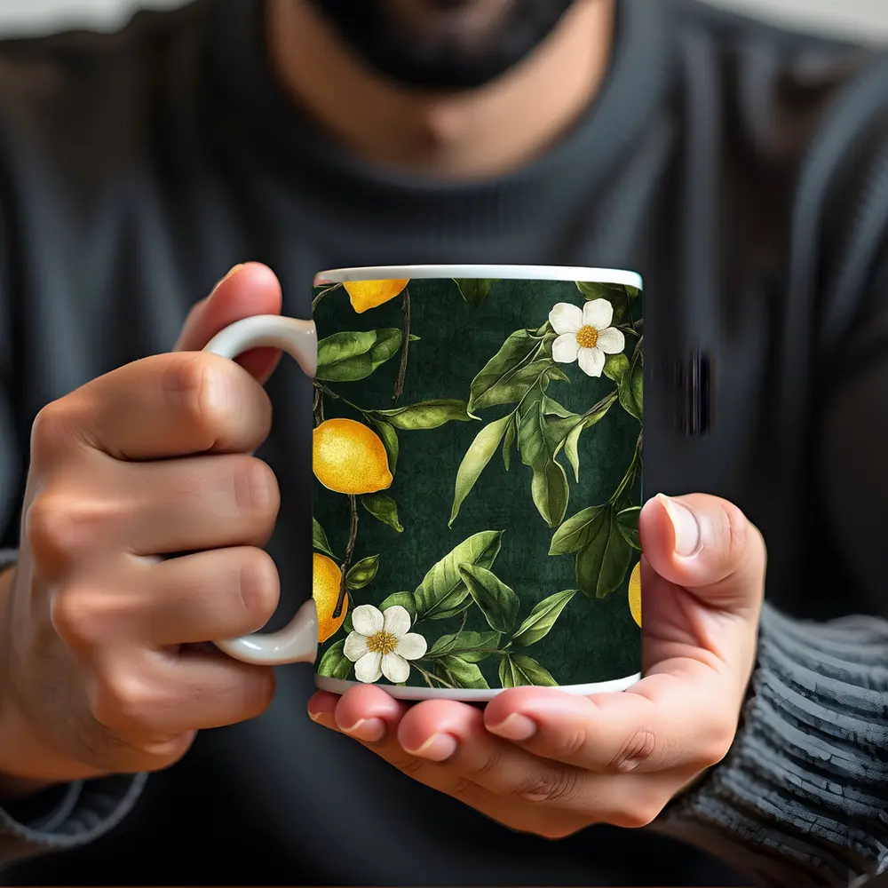 Lemon Branches White Flowers Dark Green – Mugs