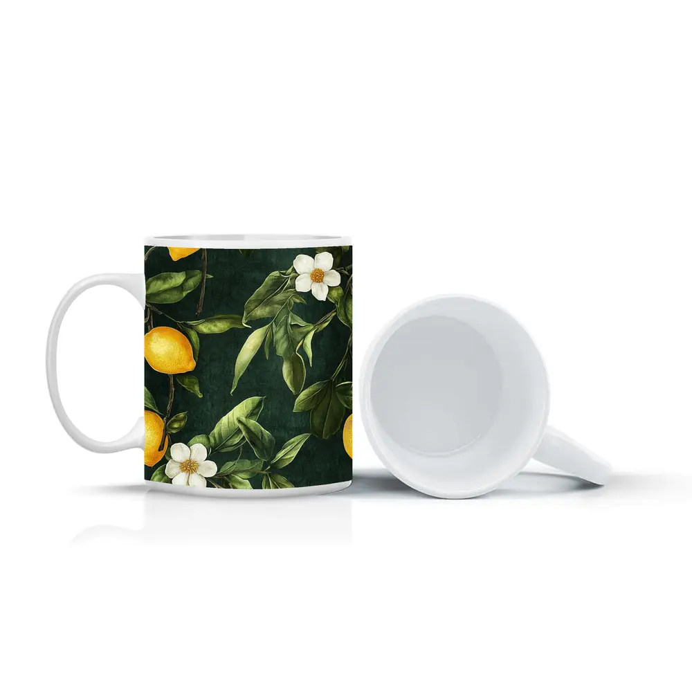 Lemon Branches White Flowers Dark Green – Mugs