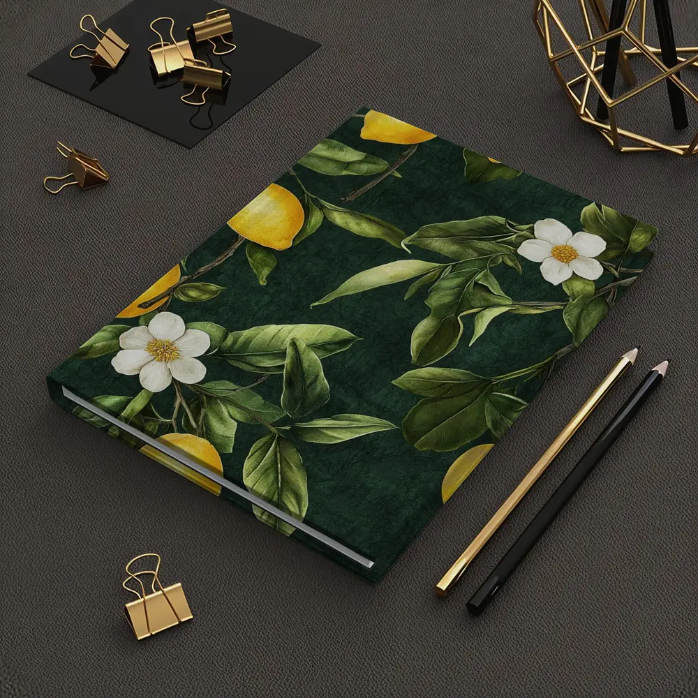Lemon Branches White Flowers Dark Green – Notebooks