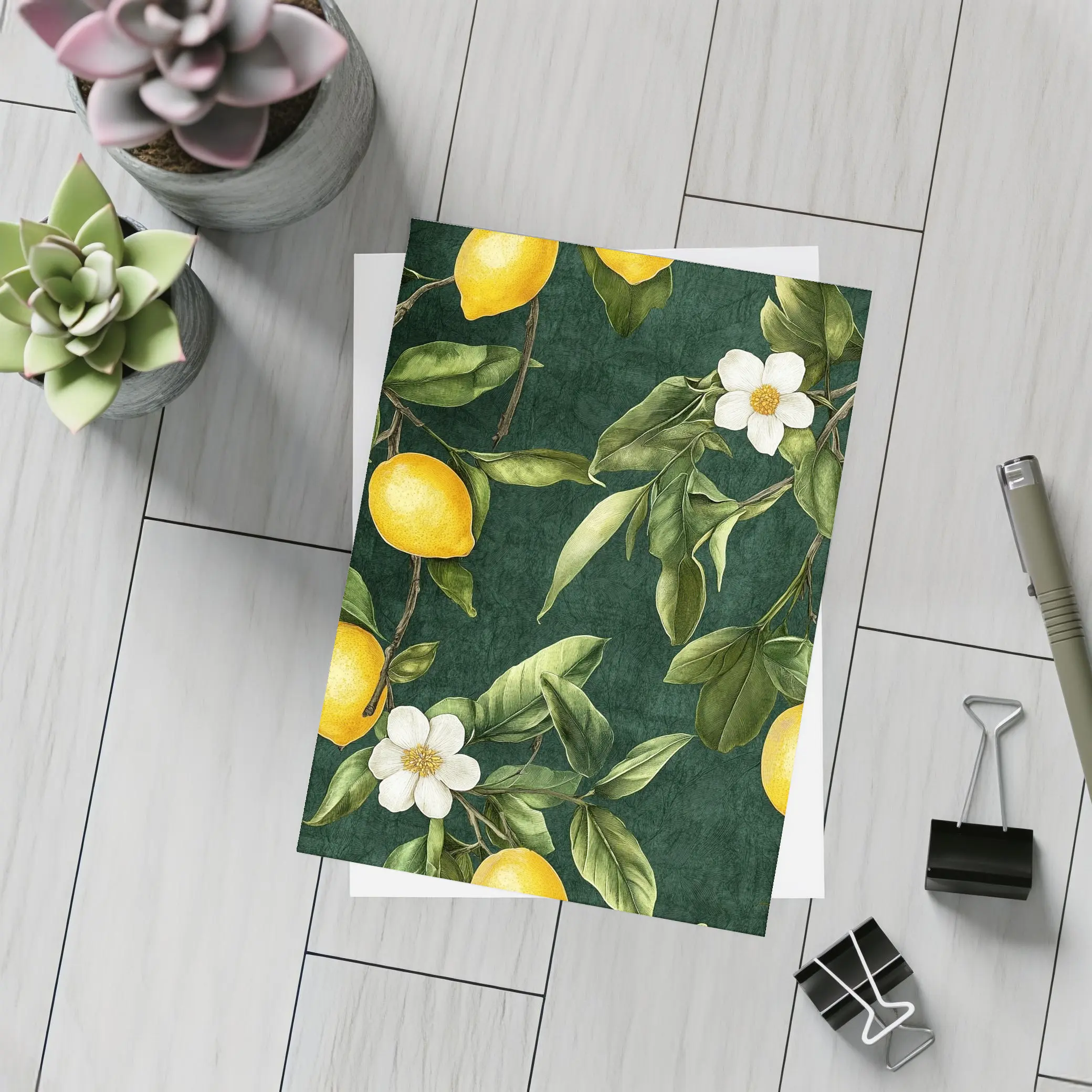 Lemon Branches White Flowers Dark Green – Postcards