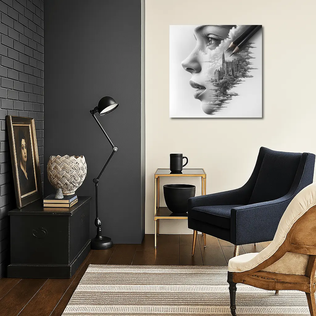 Woman Face City Skyline Pencil Drawing Art – Wall Art