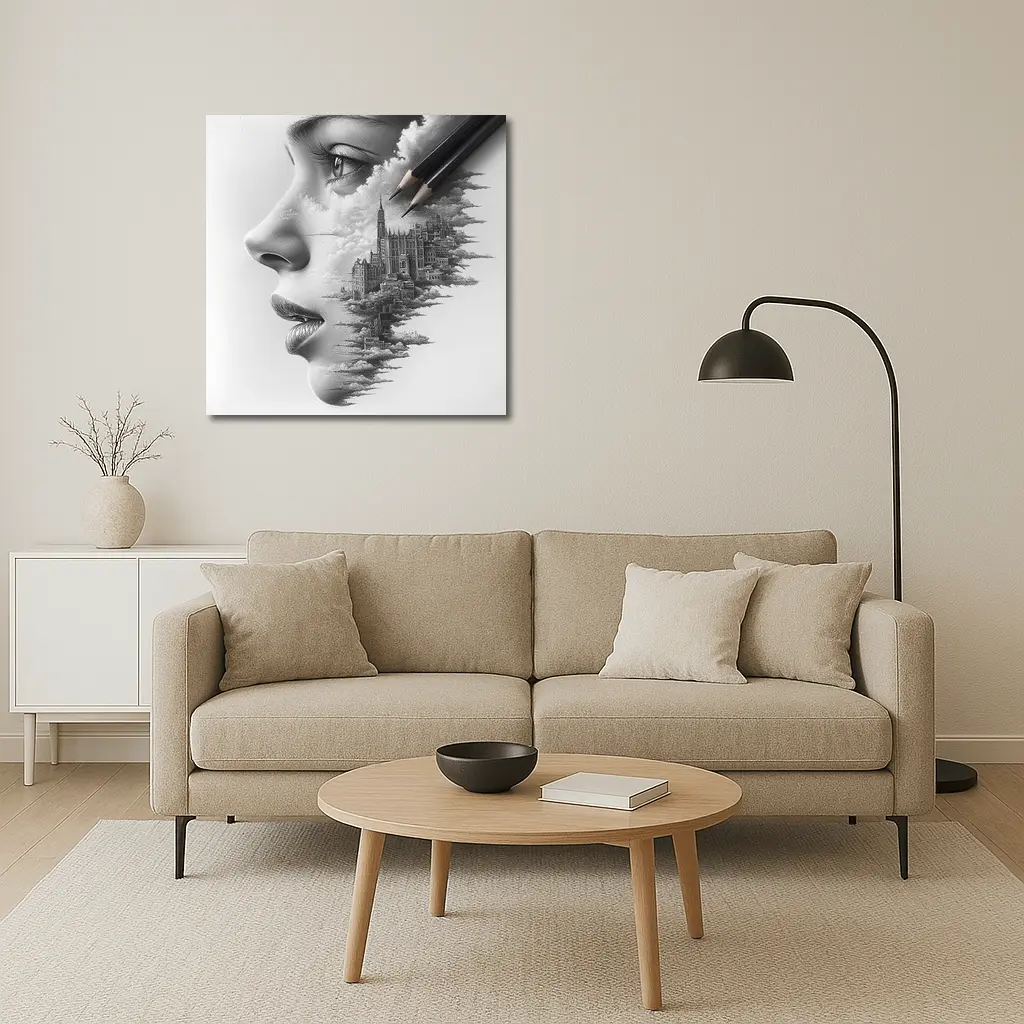 Woman Face City Skyline Pencil Drawing Art – Wall Art