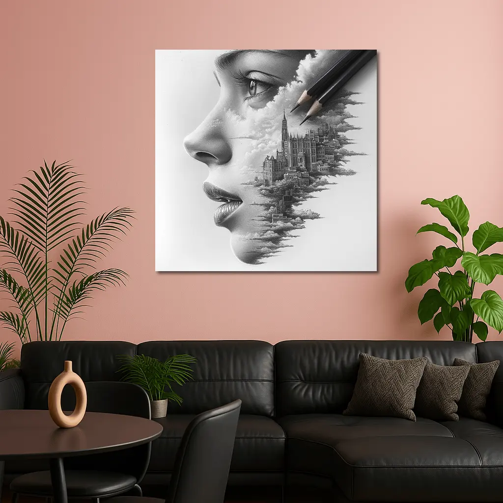 Woman Face City Skyline Pencil Drawing Art – Wall Art