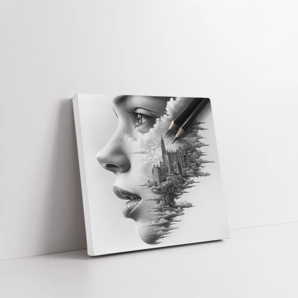 Woman Face City Skyline Pencil Drawing Art – Wall Art