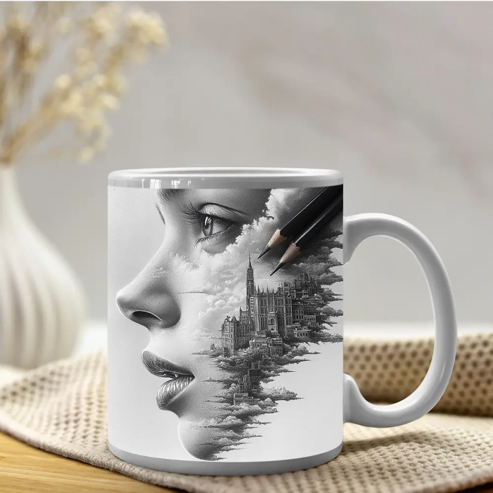 Woman Face City Skyline Pencil Drawing Art – Mugs