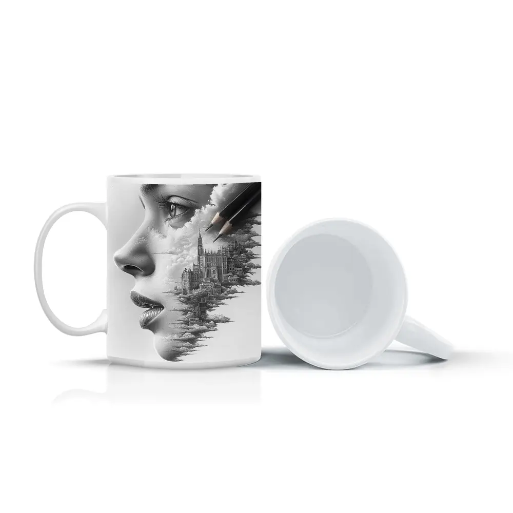 Woman Face City Skyline Pencil Drawing Art – Mugs