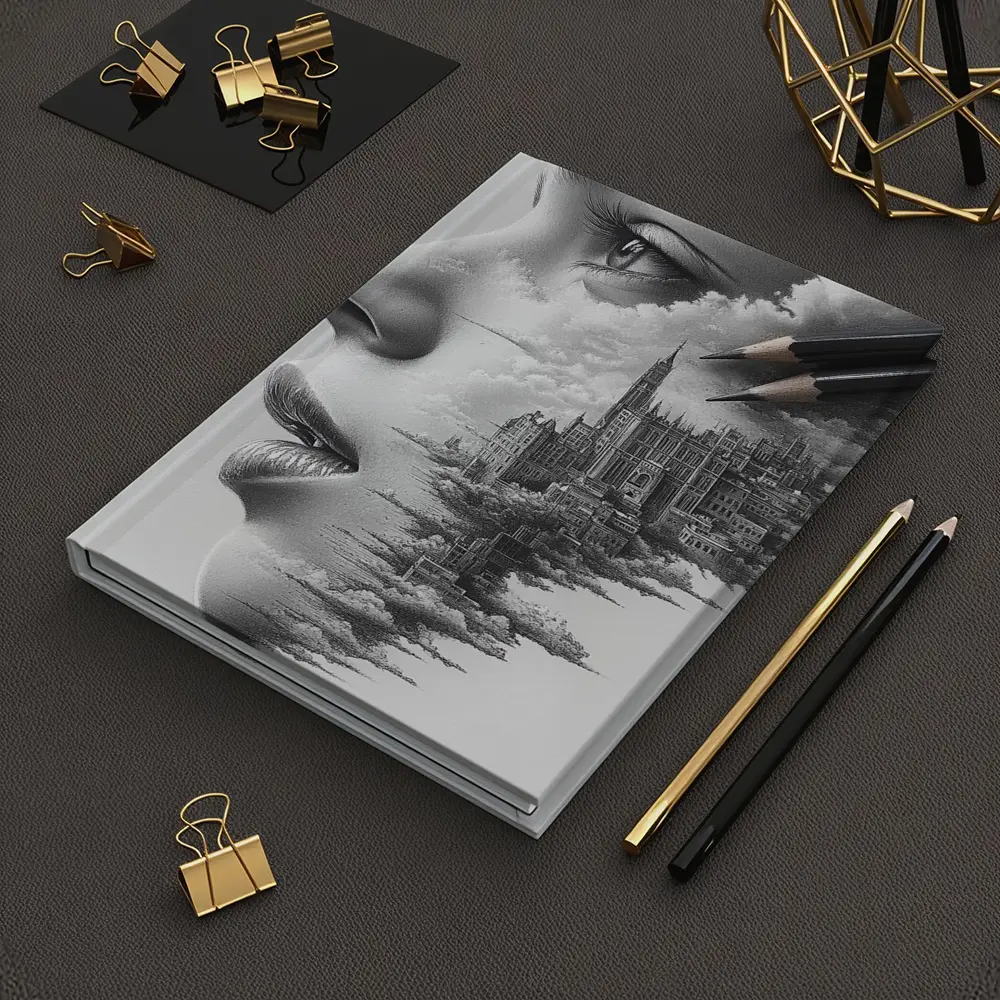 Woman Face City Skyline Pencil Drawing Art – Notebooks