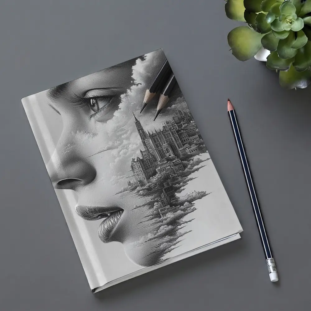 Woman Face City Skyline Pencil Drawing Art – Notebooks