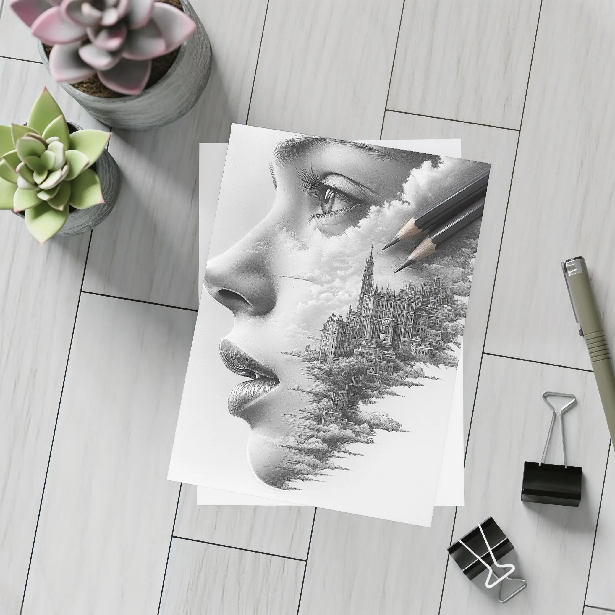 Woman Face City Skyline Pencil Drawing Art – Postcards