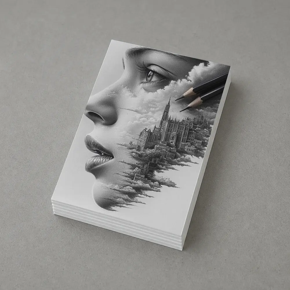 Woman Face City Skyline Pencil Drawing Art – Postcards