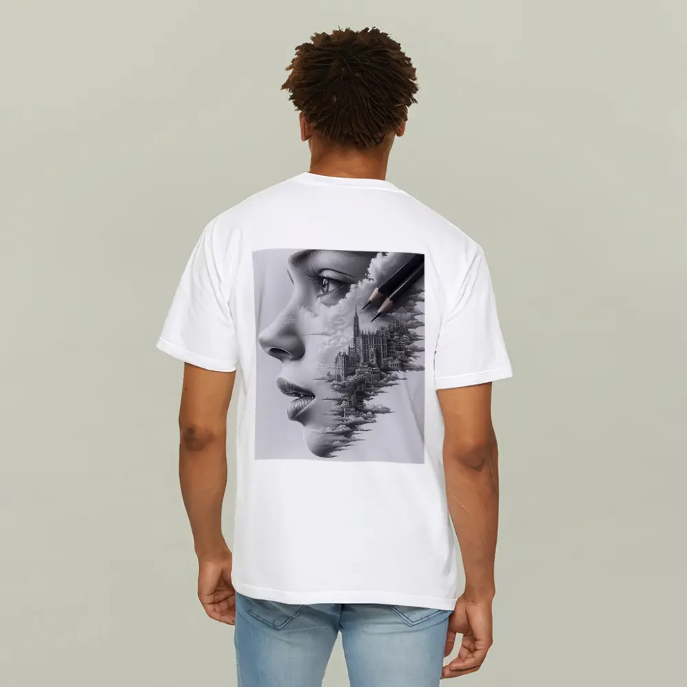 Woman Face City Skyline Pencil Drawing Art – T-Shirts