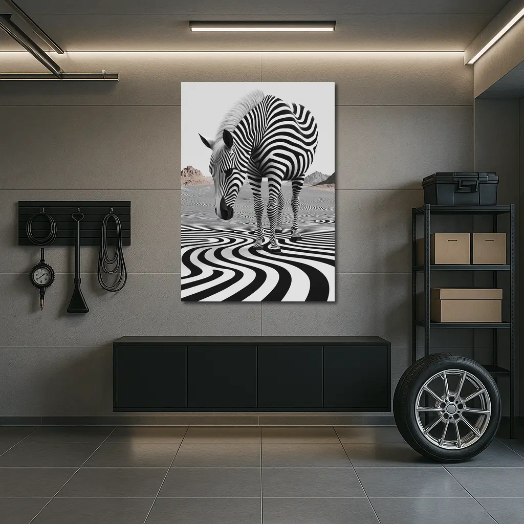 Zebra Standing on Wavy Black White Pattern – Wall Art