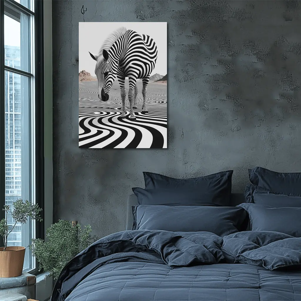 Zebra Standing on Wavy Black White Pattern – Wall Art