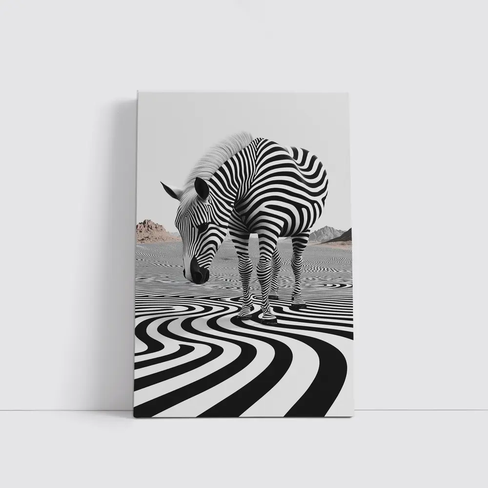 Zebra Standing on Wavy Black White Pattern – Wall Art