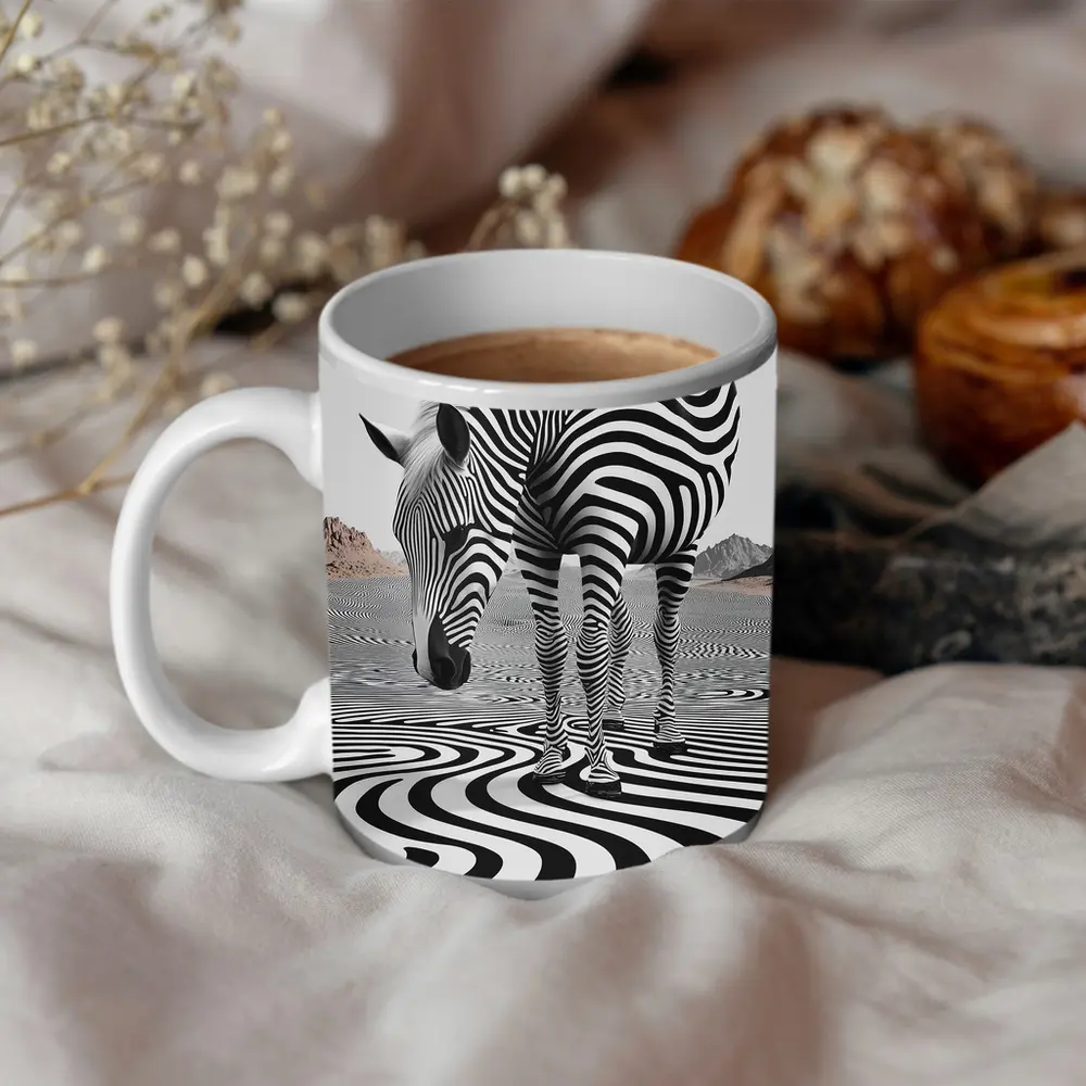 Zebra Standing on Wavy Black White Pattern – Mugs
