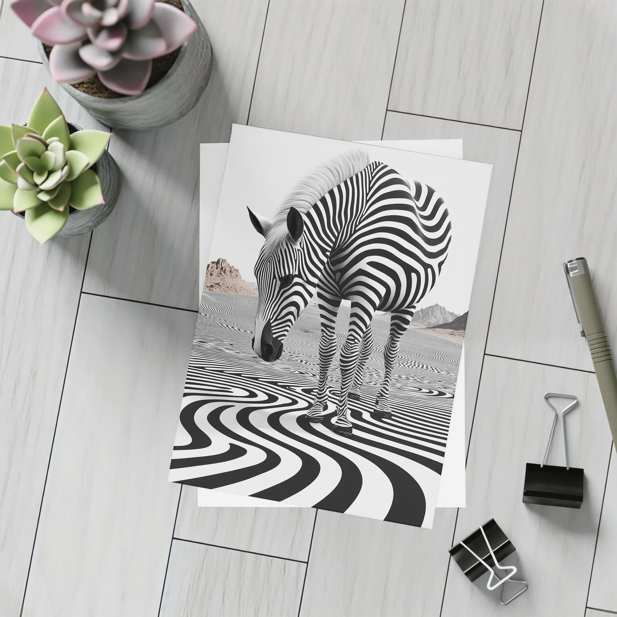 Zebra Standing on Wavy Black White Pattern – Postcards