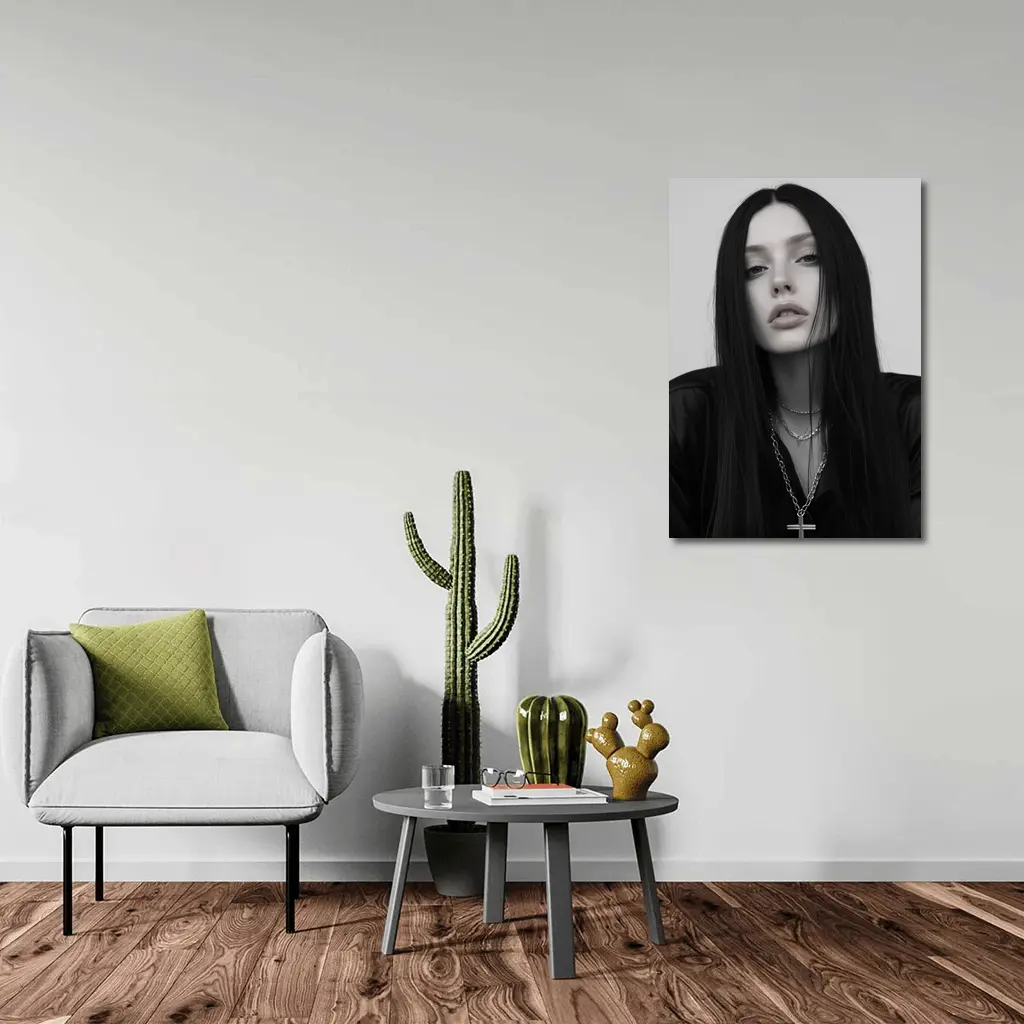 Dark Goth Woman Cross Necklace Gray Background – Wall Art