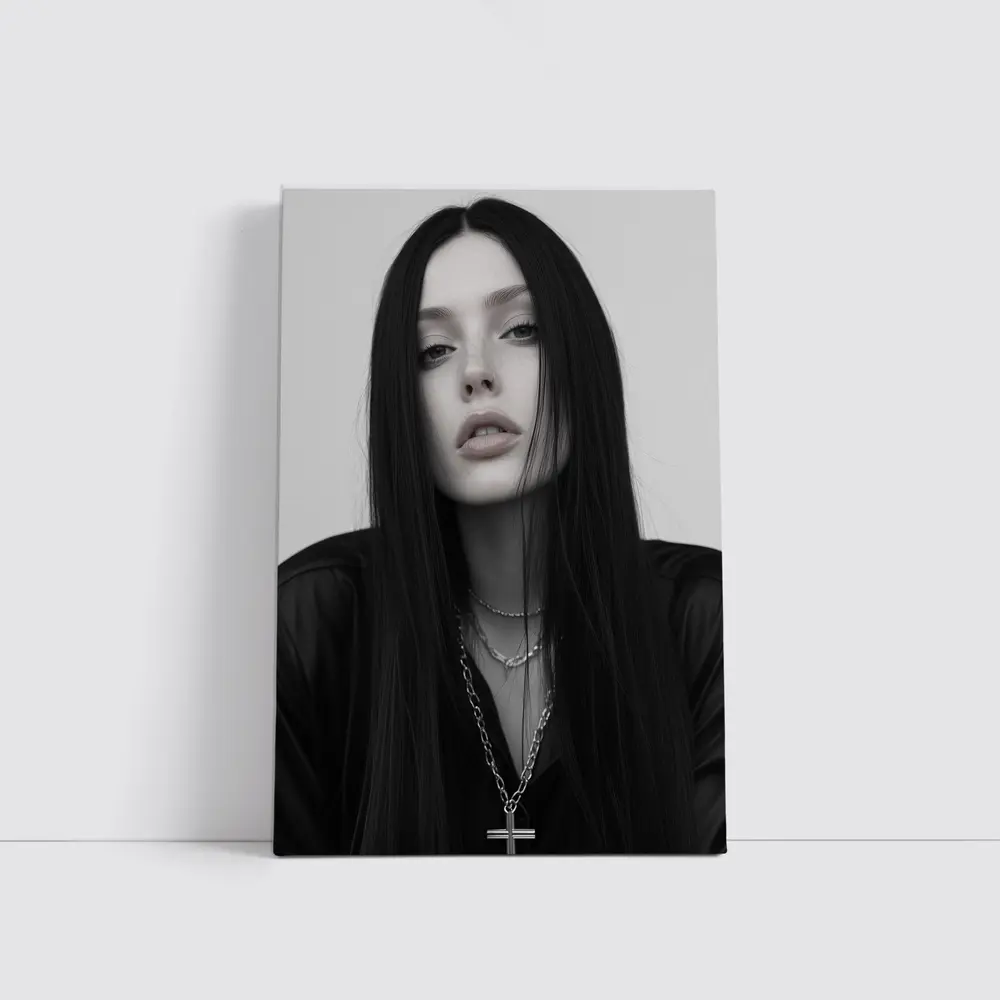 Dark Goth Woman Cross Necklace Gray Background – Wall Art