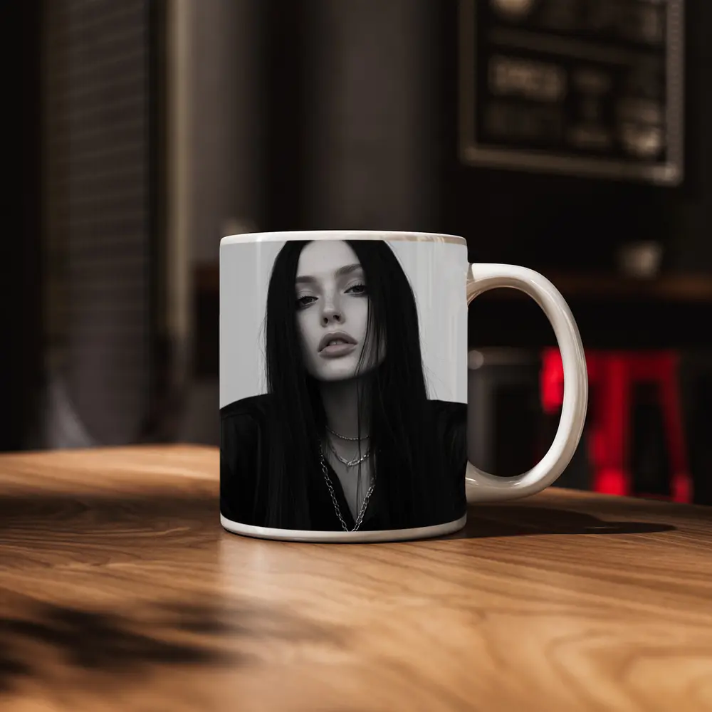 Dark Goth Woman Cross Necklace Gray Background – Mugs