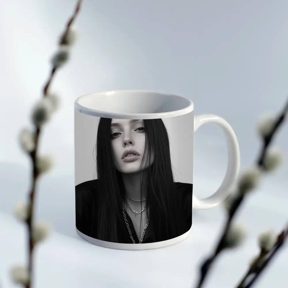 Dark Goth Woman Cross Necklace Gray Background – Mugs