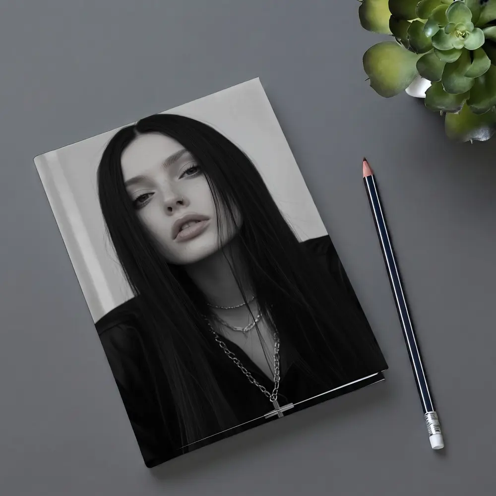 Dark Goth Woman Cross Necklace Gray Background – Notebooks