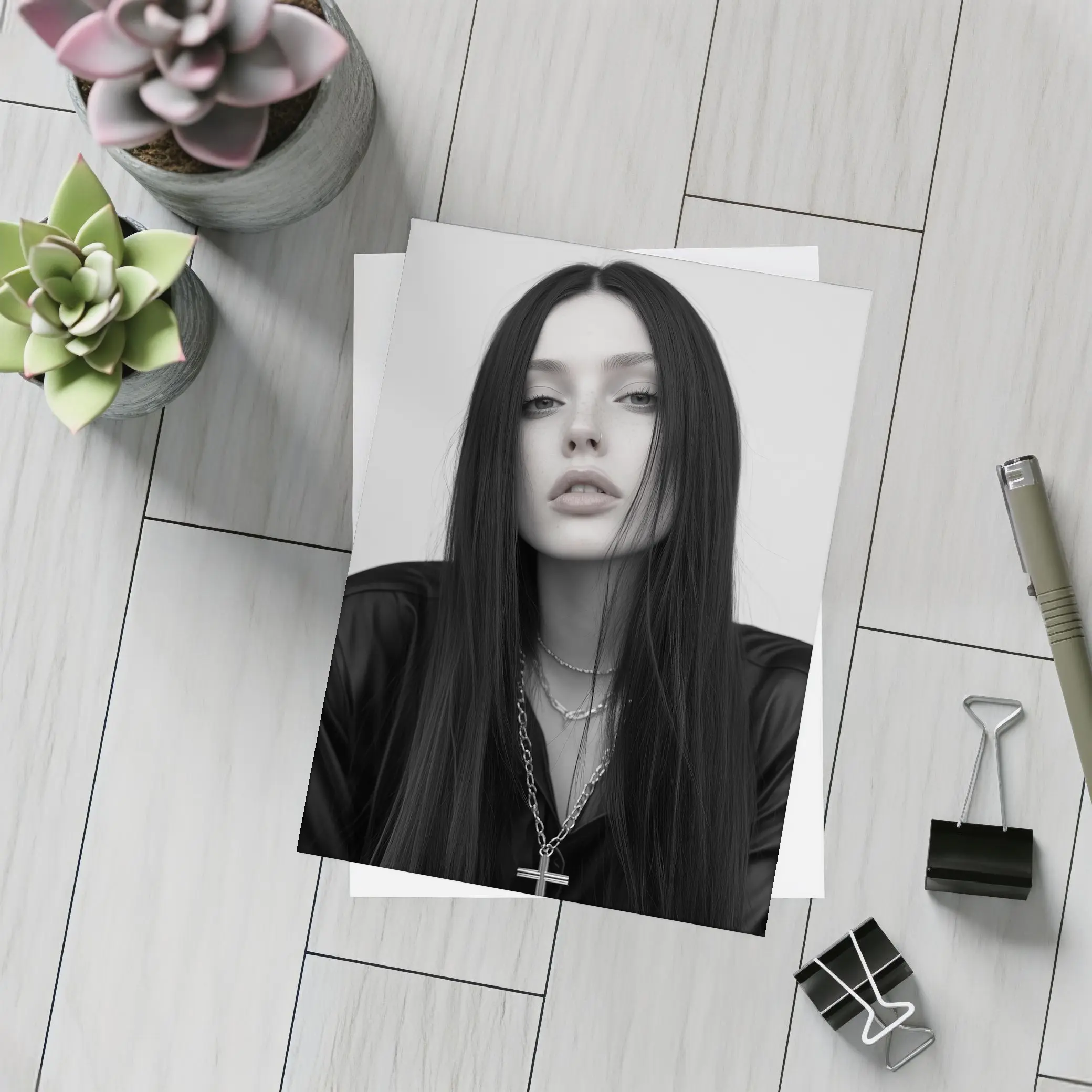 Dark Goth Woman Cross Necklace Gray Background – Postcards