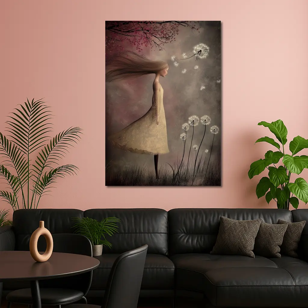 Girl Blowing Dandelion Seeds Fantasy Art – Wall Art