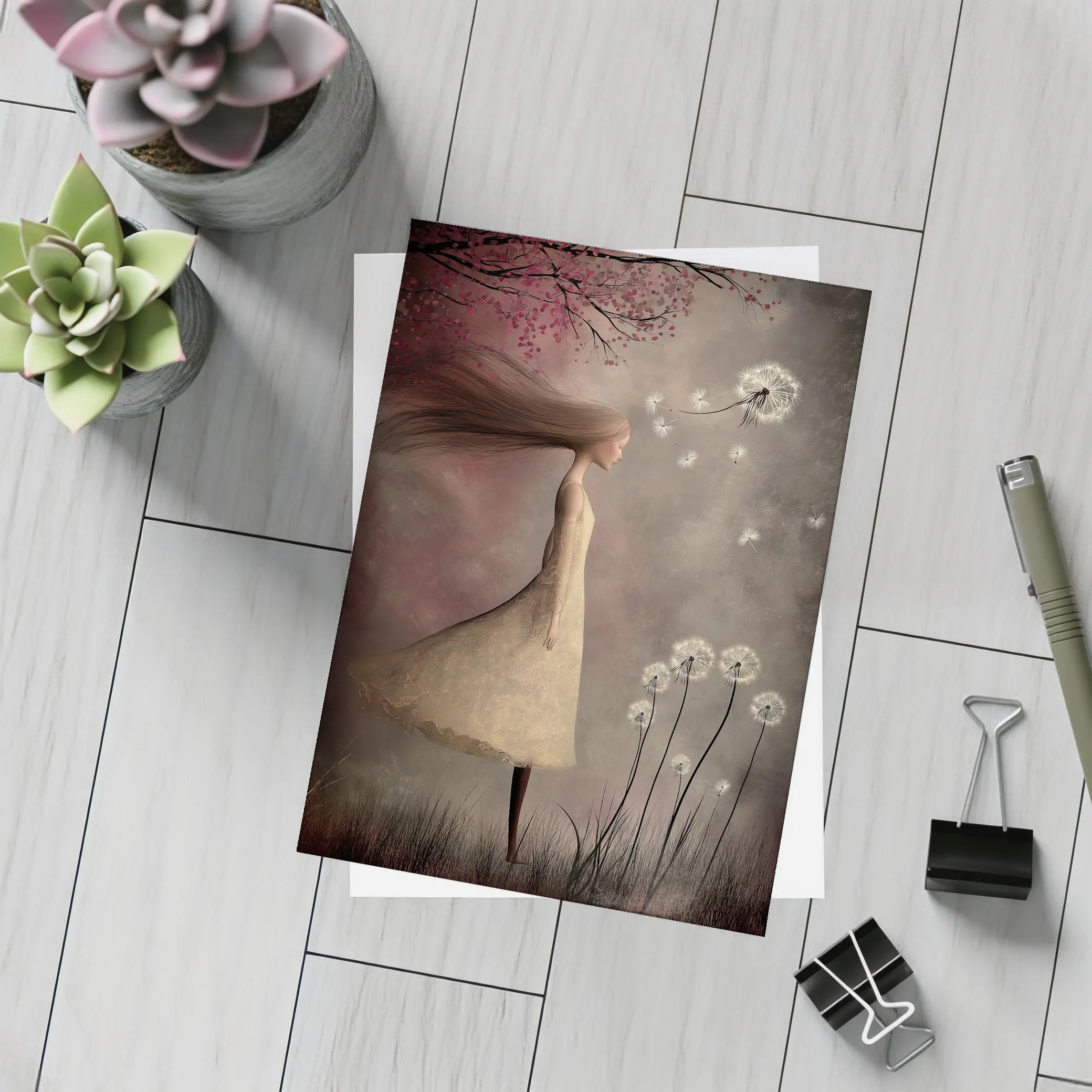 Girl Blowing Dandelion Seeds Fantasy Art – Postcards