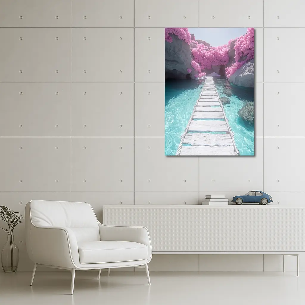 White Wooden Bridge Pink Trees Turquoise Water – Wall Art