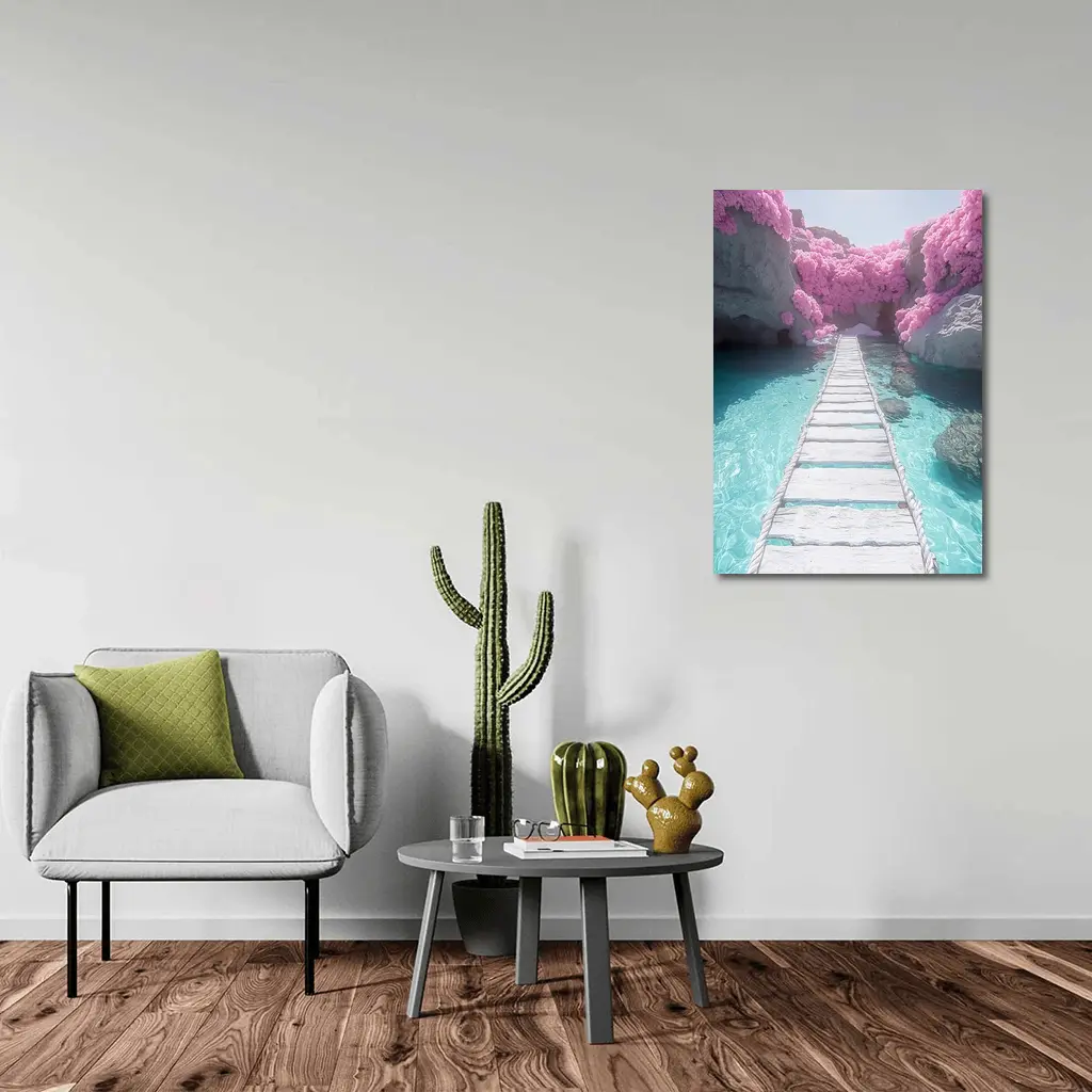 White Wooden Bridge Pink Trees Turquoise Water – Wall Art