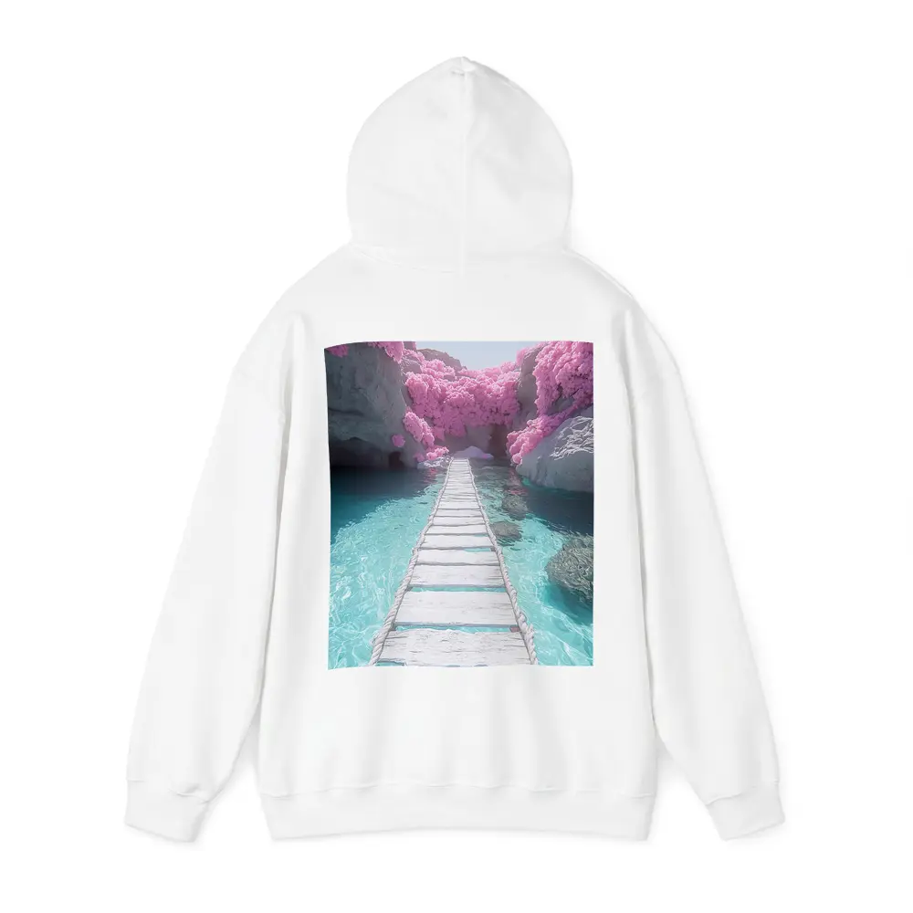 White Wooden Bridge Pink Trees Turquoise Water – Hoodies