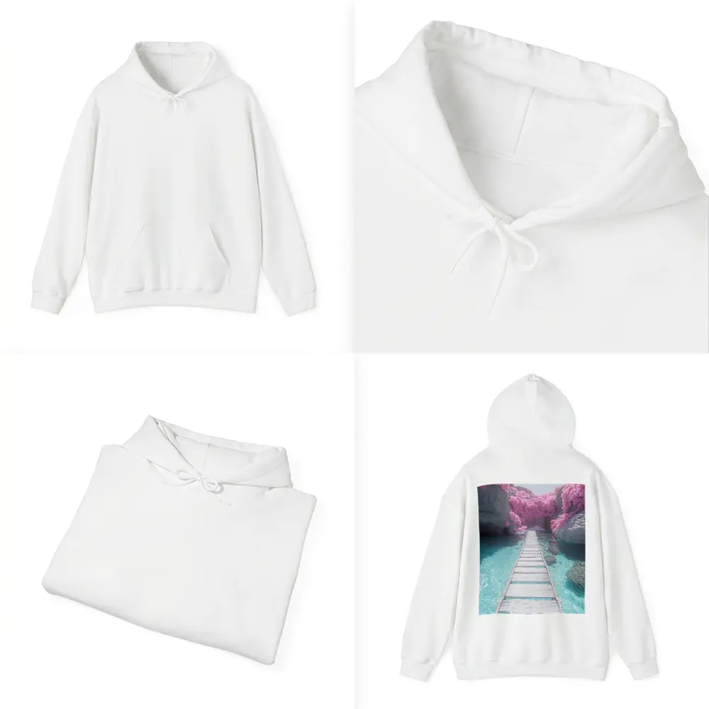 White Wooden Bridge Pink Trees Turquoise Water – Hoodies