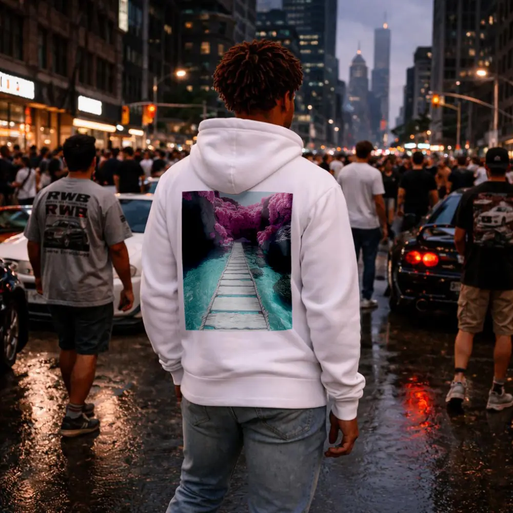 White Wooden Bridge Pink Trees Turquoise Water – Hoodies
